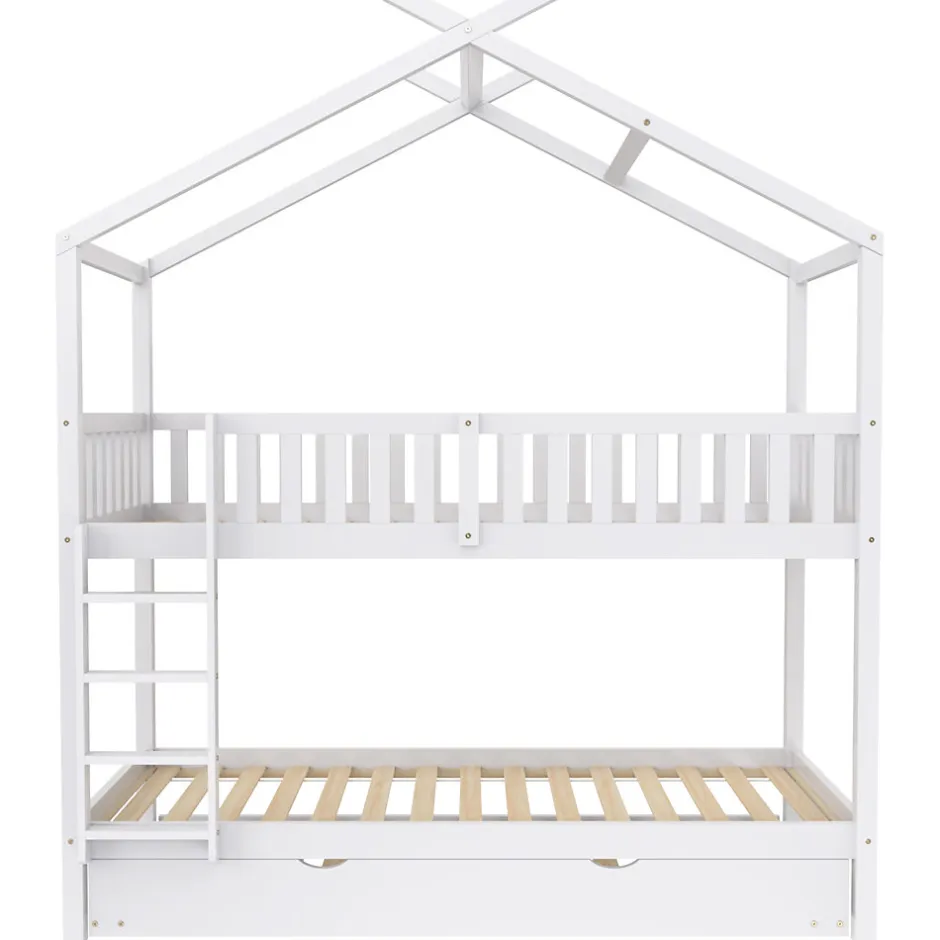 Enfant Redom Lit superposé 90x200 cm convertible en 3 lits avec lit gigogne et barrières, structure bois massif blanc