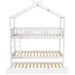 Enfant Redom Lit superposé 90x200 cm convertible en 3 lits avec lit gigogne et barrières, structure bois massif blanc