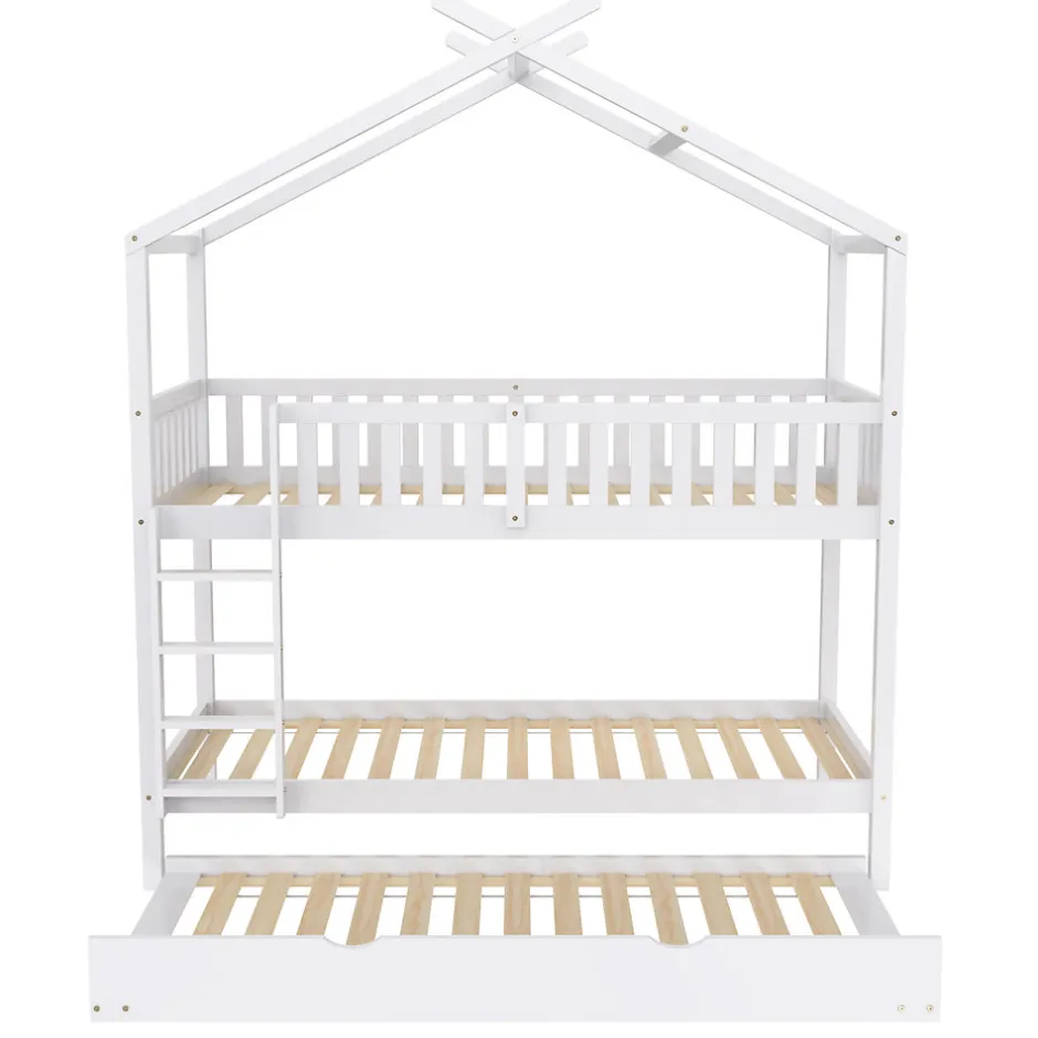 Enfant Redom Lit superposé 90x200 cm convertible en 3 lits avec lit gigogne et barrières, structure bois massif blanc