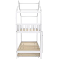 Enfant Redom Lit superposé 90x200 cm convertible en 3 lits avec lit gigogne et barrières, structure bois massif blanc