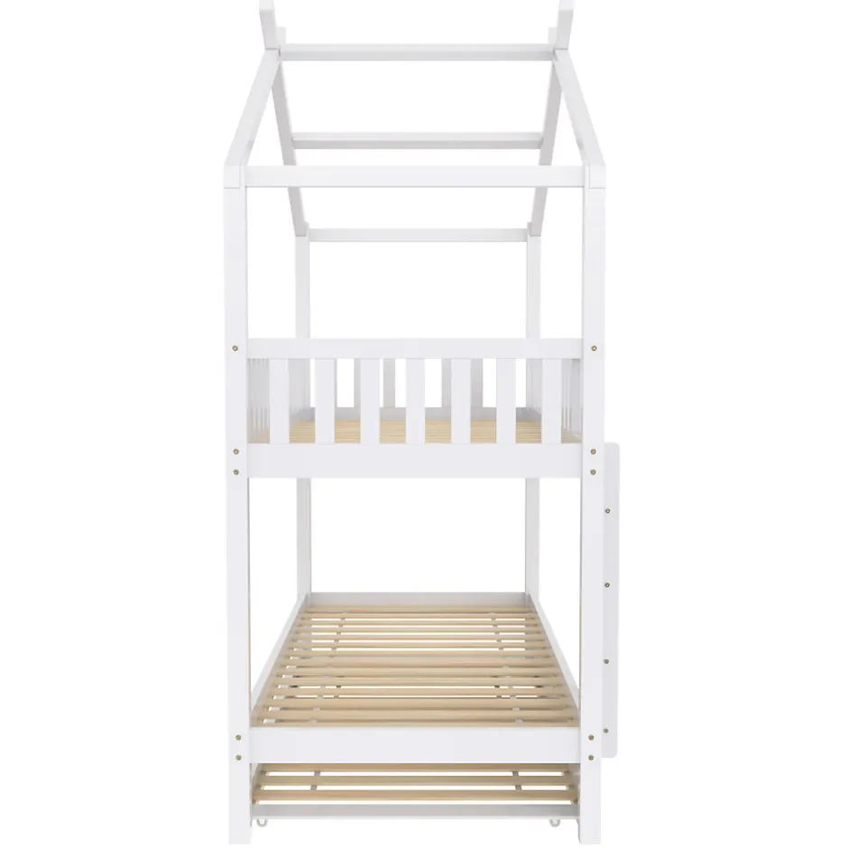 Enfant Redom Lit superposé 90x200 cm convertible en 3 lits avec lit gigogne et barrières, structure bois massif blanc
