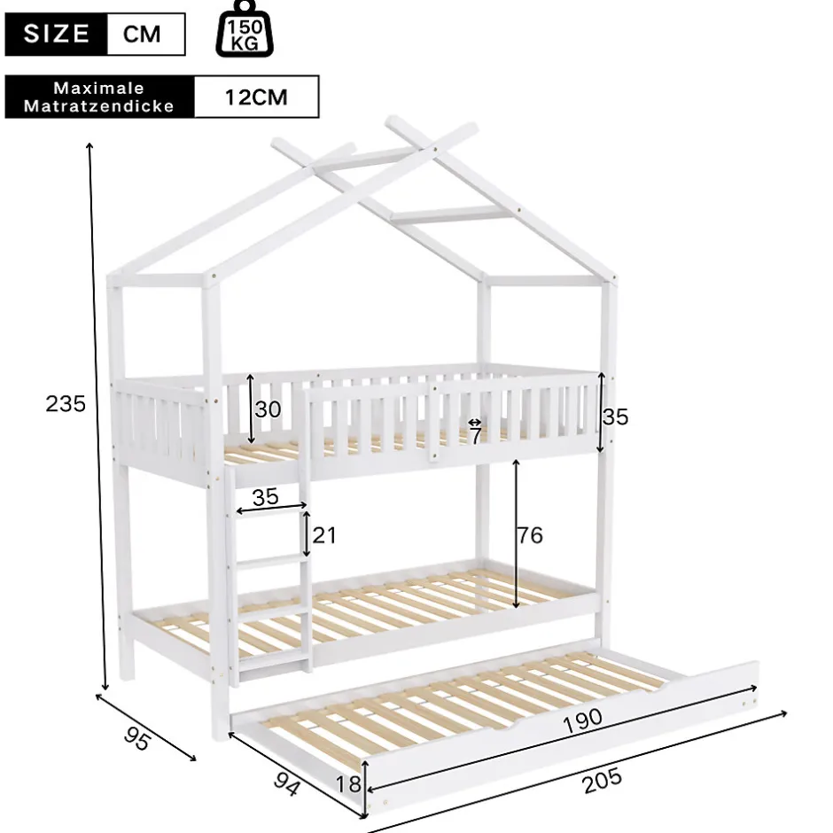 Enfant Redom Lit superposé 90x200 cm convertible en 3 lits avec lit gigogne et barrières, structure bois massif blanc