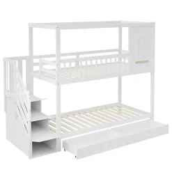 Redom Lit superposé 90x200 cm en bois massif avec tiroirs intégrés, échelle sécurisée et design maison ludique Discount