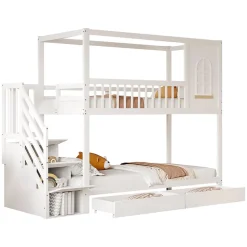 Redom Lit superposé 90x200 cm en bois massif avec tiroirs intégrés, échelle sécurisée et design maison ludique Discount