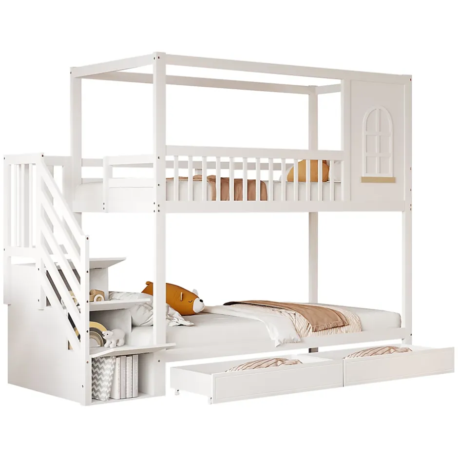 Redom Lit superposé 90x200 cm en bois massif avec tiroirs intégrés, échelle sécurisée et design maison ludique Discount