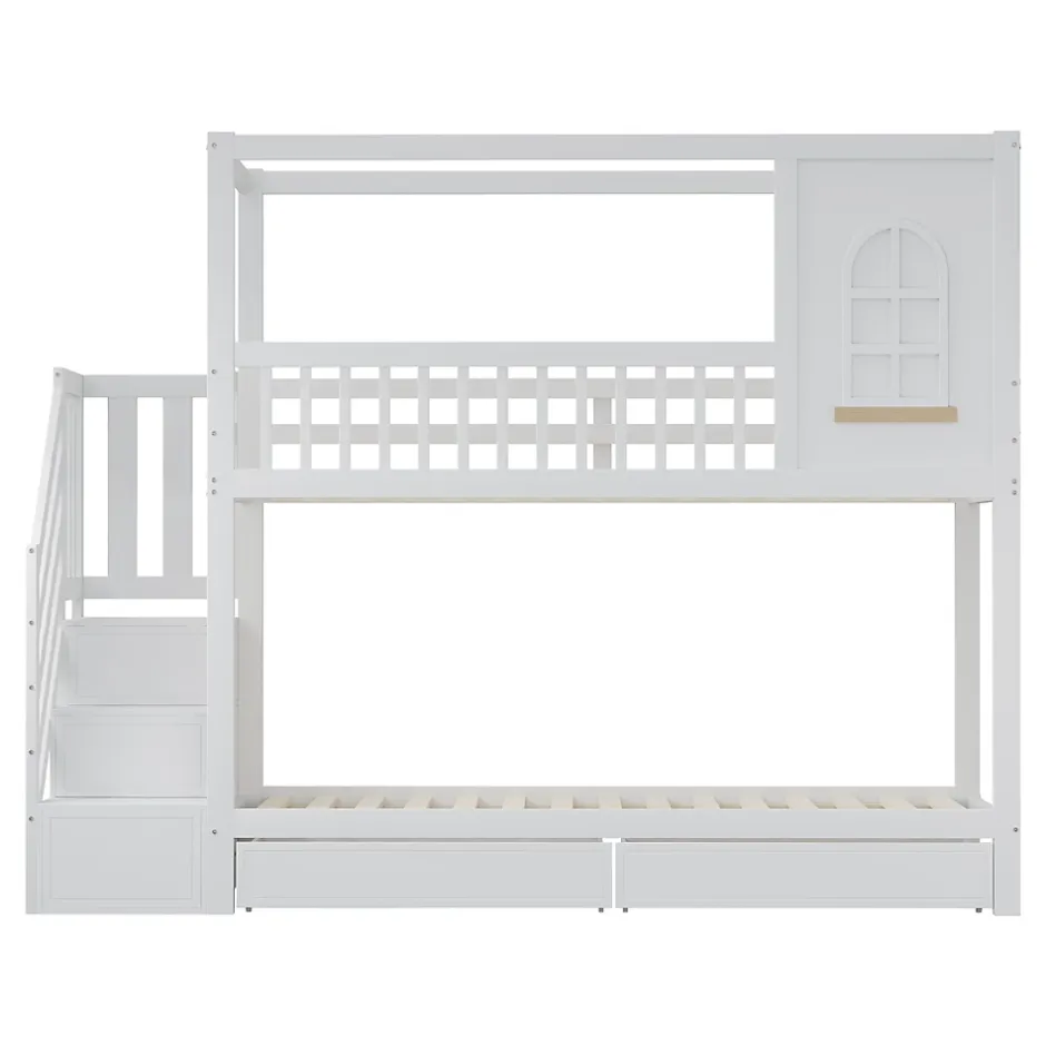 Redom Lit superposé 90x200 cm en bois massif avec tiroirs intégrés, échelle sécurisée et design maison ludique Discount