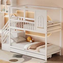 Redom Lit superposé 90x200 cm en bois massif avec tiroirs intégrés, échelle sécurisée et design maison ludique Discount