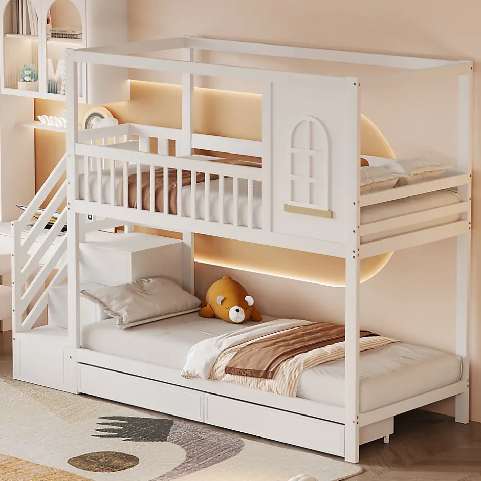 Redom Lit superposé 90x200 cm en bois massif avec tiroirs intégrés, échelle sécurisée et design maison ludique Discount