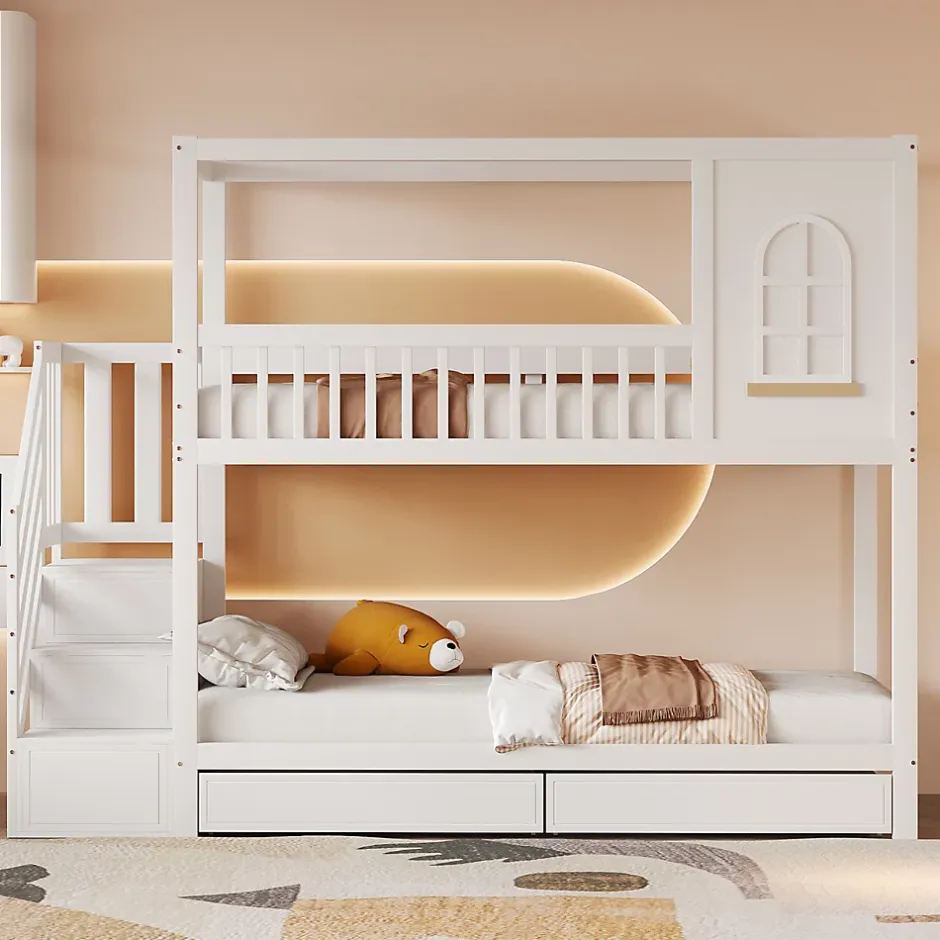 Redom Lit superposé 90x200 cm en bois massif avec tiroirs intégrés, échelle sécurisée et design maison ludique Discount