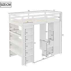 Redom Lit superposé 90x200 cm en bois massif avec étagères multiples et organiseur roulant amovible, blanc Online