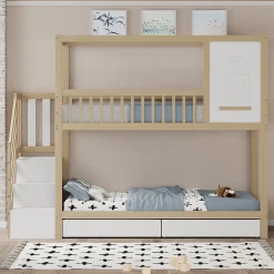 Enfant Redom Lit superposé 90x200 cm en bois massif avec tiroirs de rangement et échelle intégrée sécurisée