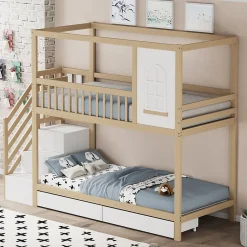 Enfant Redom Lit superposé 90x200 cm en bois massif avec tiroirs de rangement et échelle intégrée sécurisée