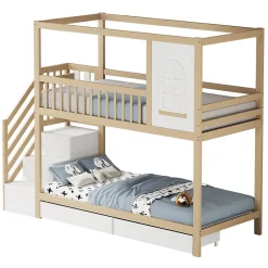 Enfant Redom Lit superposé 90x200 cm en bois massif avec tiroirs de rangement et échelle intégrée sécurisée