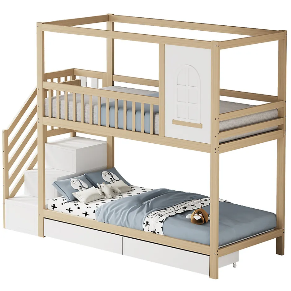 Enfant Redom Lit superposé 90x200 cm en bois massif avec tiroirs de rangement et échelle intégrée sécurisée