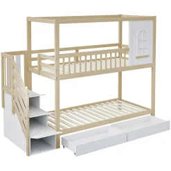 Enfant Redom Lit superposé 90x200 cm en bois massif avec tiroirs de rangement et échelle intégrée sécurisée