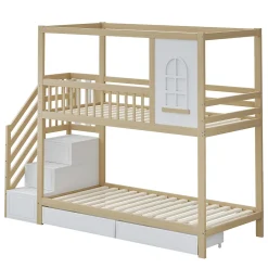 Enfant Redom Lit superposé 90x200 cm en bois massif avec tiroirs de rangement et échelle intégrée sécurisée