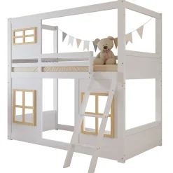 Okwish Lit superposé 90x200 cm enfant avec échelle sécurisée et barrières de protection, bois pin+MDF blanc+naturel Hot