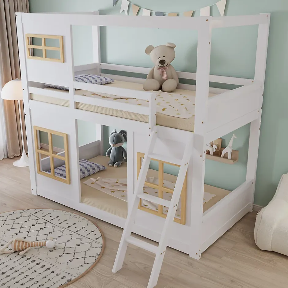 Okwish Lit superposé 90x200 cm enfant avec échelle sécurisée et barrières de protection, bois pin+MDF blanc+naturel Hot