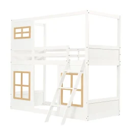 Okwish Lit superposé 90x200 cm enfant avec échelle sécurisée et barrières de protection, bois pin+MDF blanc+naturel Hot