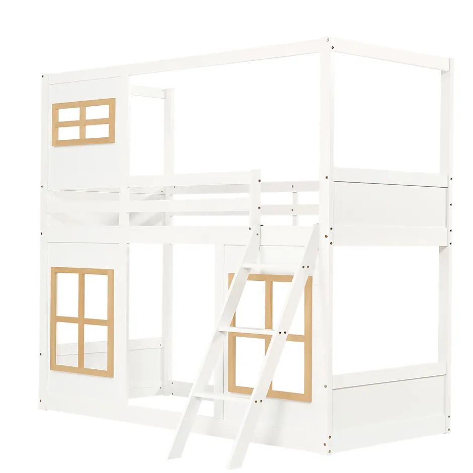 Okwish Lit superposé 90x200 cm enfant avec échelle sécurisée et barrières de protection, bois pin+MDF blanc+naturel Hot