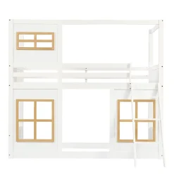 Okwish Lit superposé 90x200 cm enfant avec échelle sécurisée et barrières de protection, bois pin+MDF blanc+naturel Hot