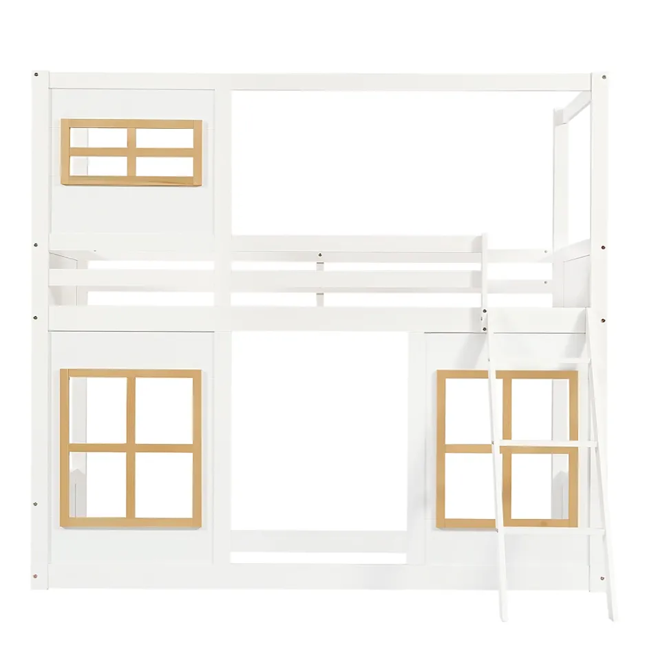 Okwish Lit superposé 90x200 cm enfant avec échelle sécurisée et barrières de protection, bois pin+MDF blanc+naturel Hot