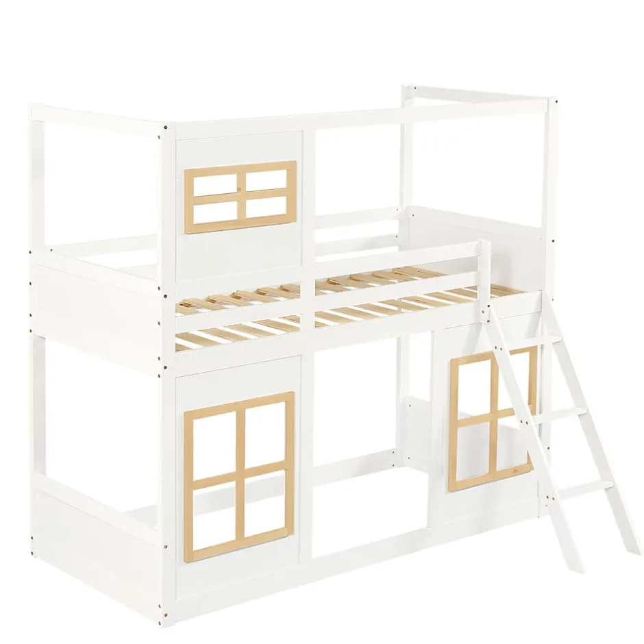 Okwish Lit superposé 90x200 cm enfant avec échelle sécurisée et barrières de protection, bois pin+MDF blanc+naturel Hot