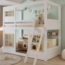 Okwish Lit superposé 90x200 cm enfant avec échelle sécurisée et barrières de protection, bois pin+MDF blanc+naturel Hot