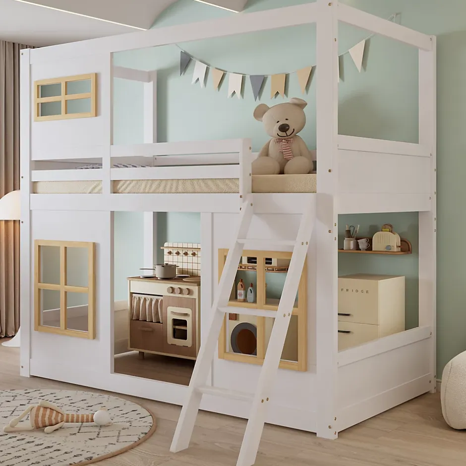 Okwish Lit superposé 90x200 cm enfant avec échelle sécurisée et barrières de protection, bois pin+MDF blanc+naturel Hot