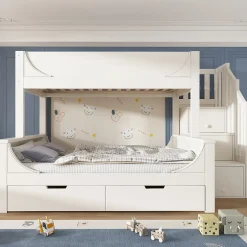 Enfant Okwish Lit Superposé 140x200 cm, Lit Enfant avec Échelle et Rangement Tiroirs, Bois Massif et MDF, Blanc
