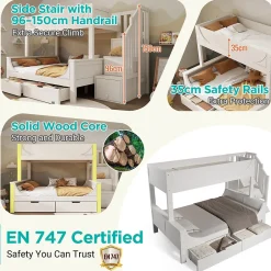 Enfant Okwish Lit Superposé 140x200 cm, Lit Enfant avec Échelle et Rangement Tiroirs, Bois Massif et MDF, Blanc