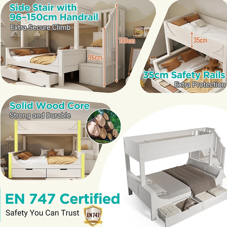 Enfant Okwish Lit Superposé 140x200 cm, Lit Enfant avec Échelle et Rangement Tiroirs, Bois Massif et MDF, Blanc