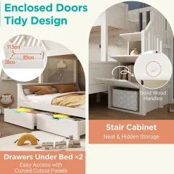 Enfant Okwish Lit Superposé 140x200 cm, Lit Enfant avec Échelle et Rangement Tiroirs, Bois Massif et MDF, Blanc