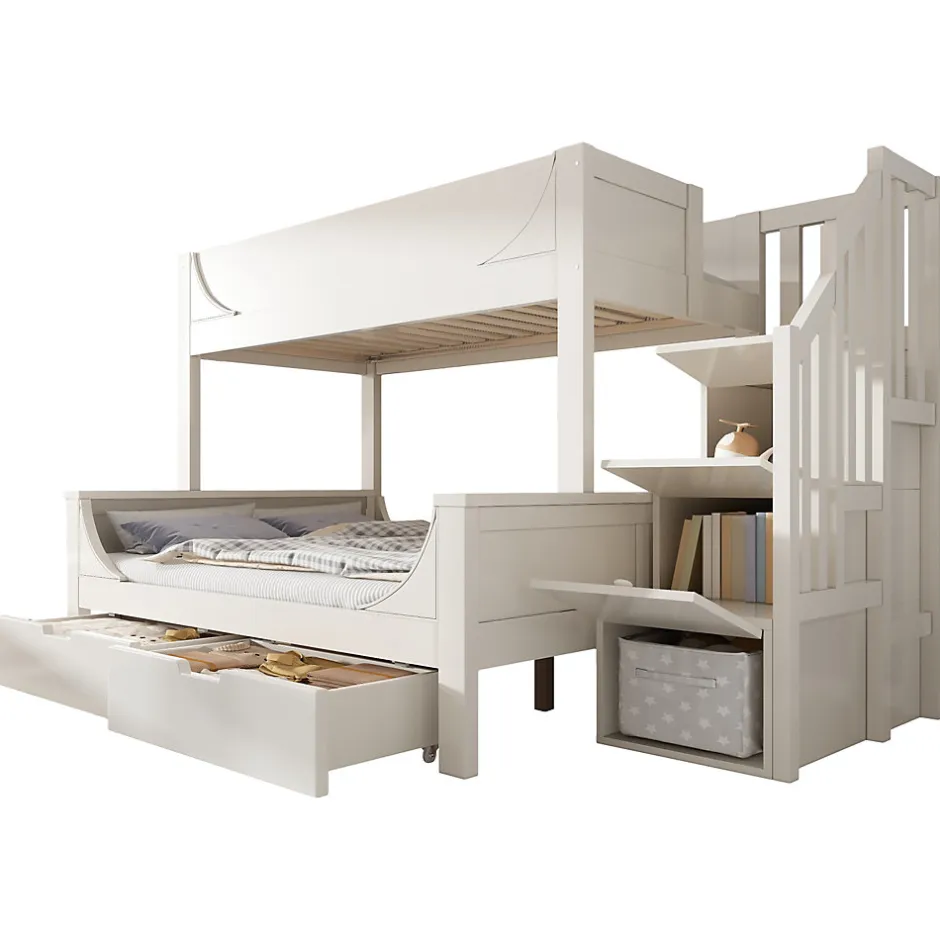 Enfant Okwish Lit Superposé 140x200 cm, Lit Enfant avec Échelle et Rangement Tiroirs, Bois Massif et MDF, Blanc