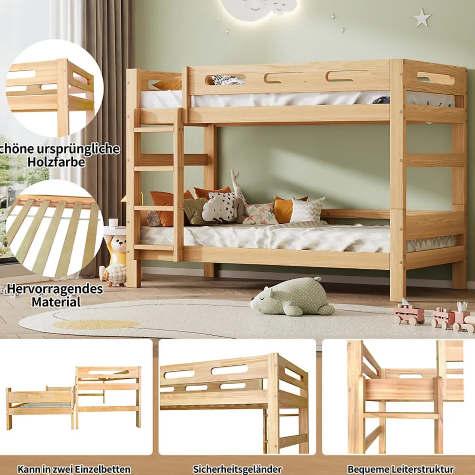Enfant ProximaX Lit superposé 90x200 cm naturel, 2 couchages, séparable en lits simples, cadre pin stable, sommier à lattes, montage facile