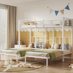 Enfant Redom Lit superposé 90x200 cm pour 3 personnes avec échelle intégrée et tablette tête de lit, structure métal blanc