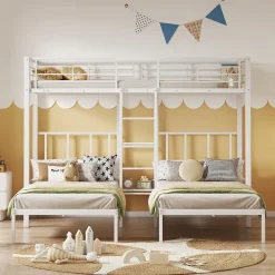 Enfant Redom Lit superposé 90x200 cm pour 3 personnes avec échelle intégrée et tablette tête de lit, structure métal blanc