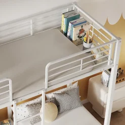 Enfant Redom Lit superposé 90x200 cm pour 3 personnes avec échelle intégrée et tablette tête de lit, structure métal blanc