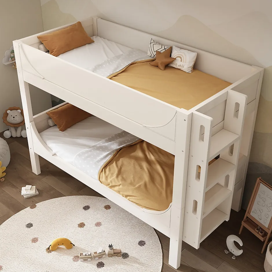 Enfant Redom Lit superposé 90x200 cm séparables avec échelle amovible et design luge en bois et métal, blanc
