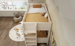 Enfant Redom Lit superposé 90x200 cm séparables avec échelle amovible et design luge en bois et métal, blanc