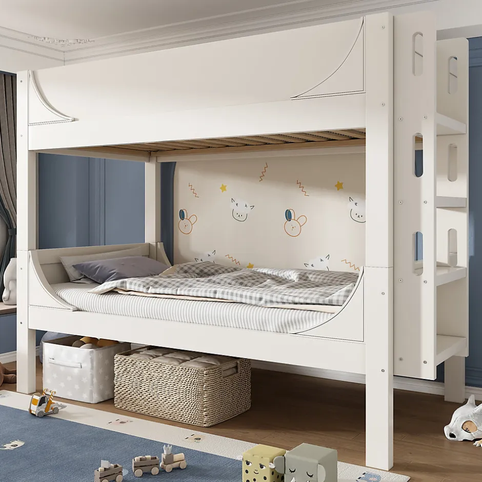 Enfant Redom Lit superposé 90x200 cm séparables avec échelle amovible et design luge en bois et métal, blanc