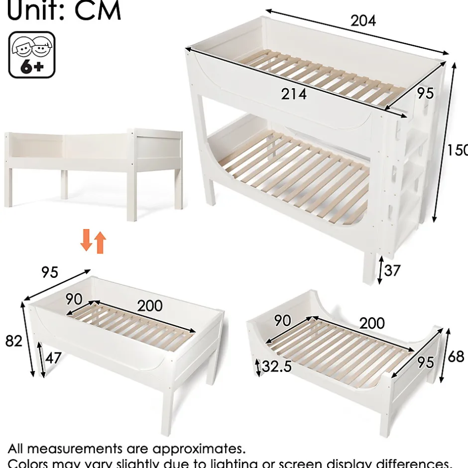 Enfant Redom Lit superposé 90x200 cm séparables avec échelle amovible et design luge en bois et métal, blanc