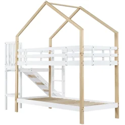 Fortuna lai Lit superposé 90x200 cm, toboggan, échelle 3 marches, sécurité, cadre bois blanc,naturel Hot