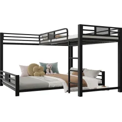 Okwish Lit Superposé 90x200 cm/140x200 cm - Lit en L pour 2 Enfants avec Échelle et Rangement, Sans Matelas, en Métal, Noir Sale