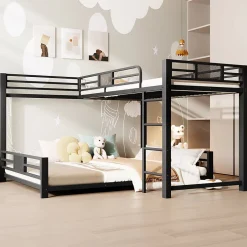 Okwish Lit Superposé 90x200 cm/140x200 cm - Lit en L pour 2 Enfants avec Échelle et Rangement, Sans Matelas, en Métal, Noir Sale