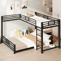 Okwish Lit Superposé 90x200 cm/140x200 cm - Lit en L pour 2 Enfants avec Échelle et Rangement, Sans Matelas, en Métal, Noir Sale