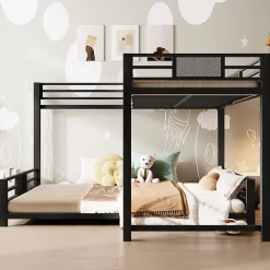 Okwish Lit Superposé 90x200 cm/140x200 cm - Lit en L pour 2 Enfants avec Échelle et Rangement, Sans Matelas, en Métal, Noir Sale