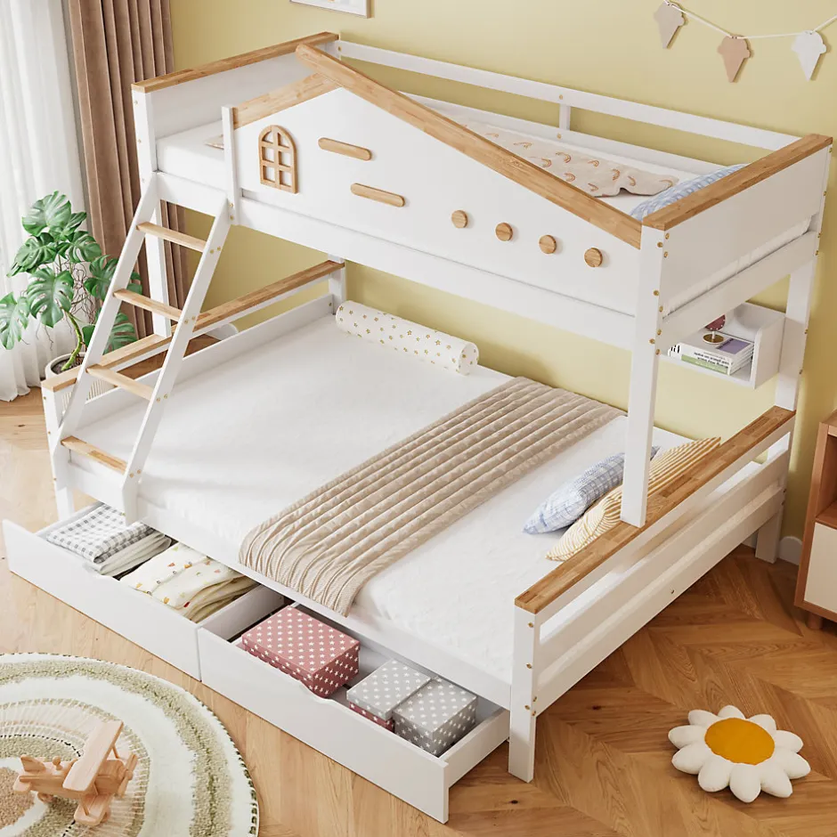 Enfant Okwish Lit superposé 90x200 et 140x200 cm enfant, 2 tiroirs, échelle et fenêtre, bois pin et MDF blanc et naturel sans matelas