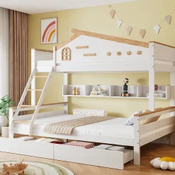 Enfant Okwish Lit superposé 90x200 et 140x200 cm enfant, 2 tiroirs, échelle et fenêtre, bois pin et MDF blanc et naturel sans matelas