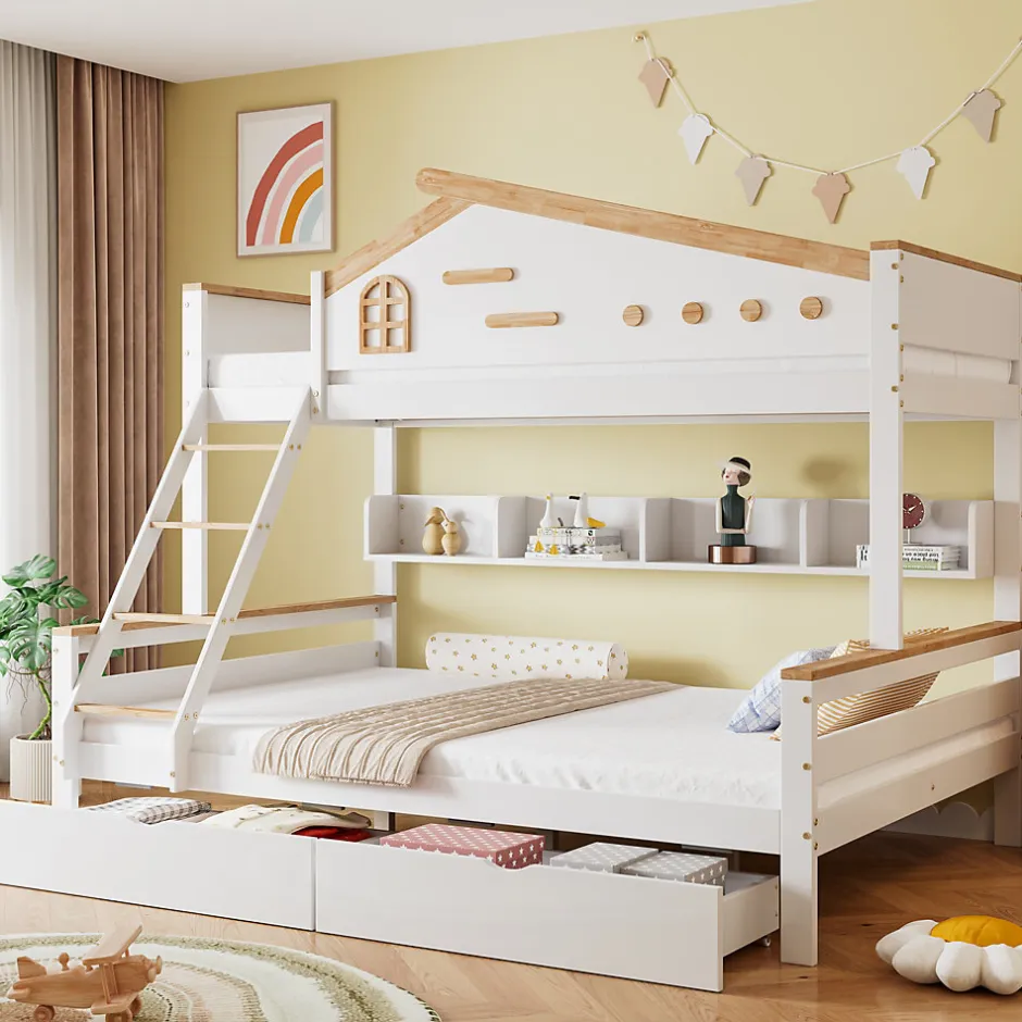 Enfant Okwish Lit superposé 90x200 et 140x200 cm enfant, 2 tiroirs, échelle et fenêtre, bois pin et MDF blanc et naturel sans matelas